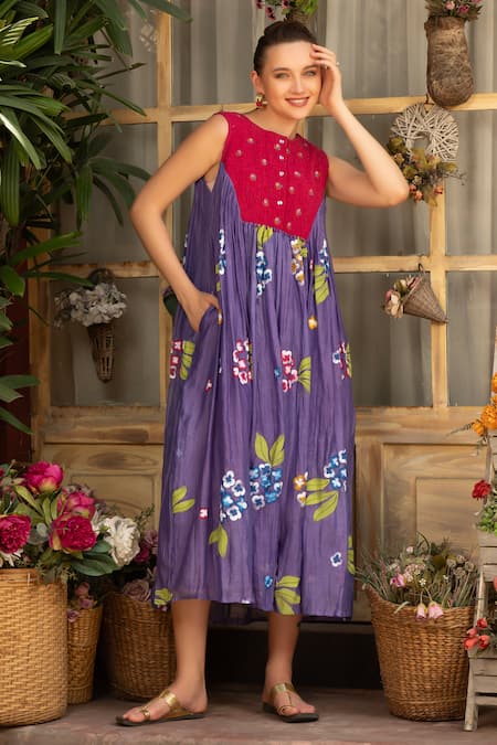 Amoree india Purple Cotton Embroidery Round Neck Lavender Bloom Dress 