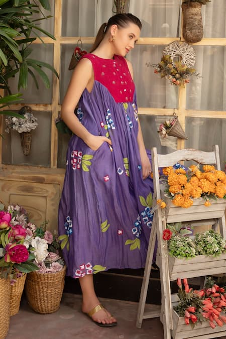 Shop_Amoree by Shikha Chaudhry_Purple Cotton Embroidery Round Neck Lavender Bloom Dress _Online_at_Aza_Fashions