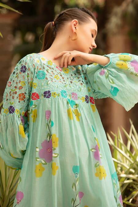 Buy_Amoree by Shikha Chaudhry_Mint Cotton Embroidery Round Neck Mehak Dress _Online_at_Aza_Fashions