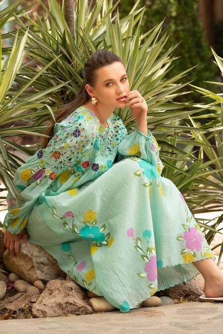 Amoree by Shikha Chaudhry_Mint Cotton Embroidery Round Neck Mehak Dress _at_Aza_Fashions