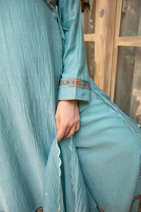 Amoree india_Teal Cotton Embroidery V-neck Meherbaan Angrkha Kurta Set _Online_at_Aza_Fashions