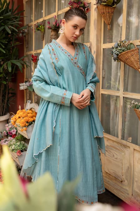 Buy_Amoree india_Teal Cotton Embroidery V-neck Meherbaan Angrkha Kurta Set _Online_at_Aza_Fashions