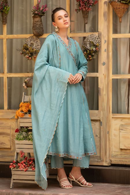 Shop_Amoree india_Teal Cotton Embroidery V-neck Meherbaan Angrkha Kurta Set _Online_at_Aza_Fashions