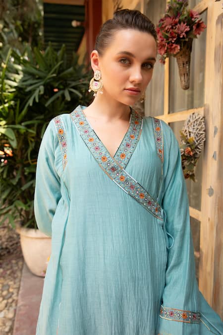 Amoree india_Teal Cotton Embroidery V-neck Meherbaan Angrkha Kurta Set _at_Aza_Fashions