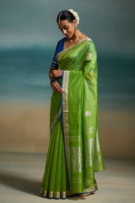 Dressfolk Green Chanderi Zari, Vanya Handloom Saree With Unstitched Blouse Piece Online at Aza Fashions Dressfolk_Green Chanderi Zari, Vanya Handloom Saree With Unstitched Blouse Piece _Online_at_Aza_Fashions