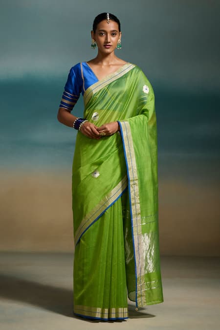 Dressfolk Green Chanderi Zari, Vanya Handloom Saree With Unstitched Blouse Piece 