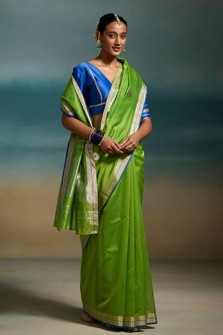 Shop Dressfolk Green Chanderi Zari, Vanya Handloom Saree With Unstitched Blouse Piece Online at Aza Fashions Shop_Dressfolk_Green Chanderi Zari, Vanya Handloom Saree With Unstitched Blouse Piece _Online_at_Aza_Fashions