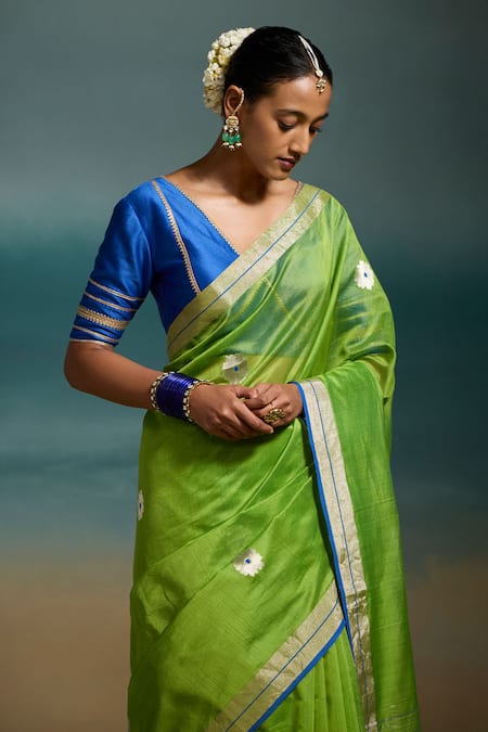 Dressfolk Green Chanderi Zari, Vanya Handloom Saree With Unstitched Blouse Piece at Aza Fashions Dressfolk_Green Chanderi Zari, Vanya Handloom Saree With Unstitched Blouse Piece _at_Aza_Fashions
