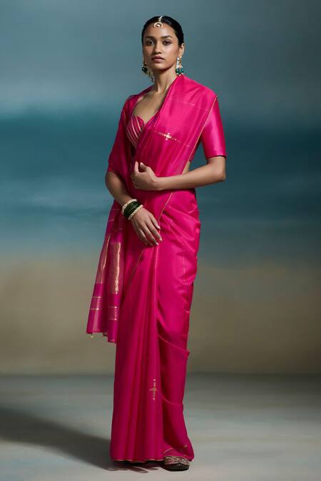 Dressfolk_Pink Handloom Cotton, Chanderi Zari Nayika Saree With Unstitched Blouse Piece _Online_at_Aza_Fashions