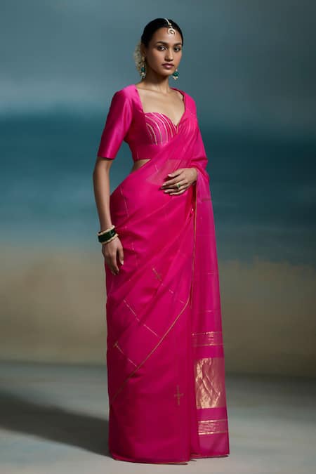 Shop_Dressfolk_Pink Handloom Cotton, Chanderi Zari Nayika Saree With Unstitched Blouse Piece _Online_at_Aza_Fashions