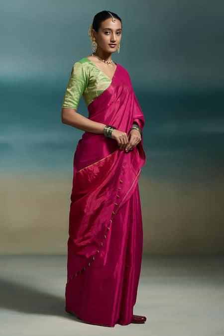 Shop Dressfolk Pink Tissue Tassels Preyasi Handloom Saree With Unstitched Blouse Piece Online at Aza Fashions Shop_Dressfolk_Pink Tissue Tassels Preyasi Handloom Saree With Unstitched Blouse Piece _Online_at_Aza_Fashions