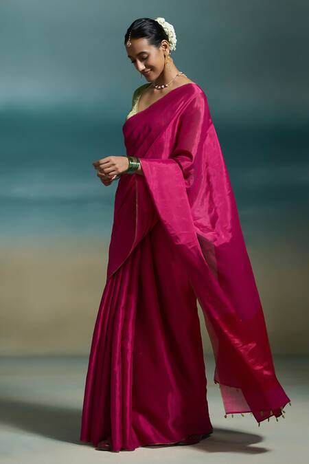 Dressfolk Pink Tissue Tassels Preyasi Handloom Saree With Unstitched Blouse Piece at Aza Fashions Dressfolk_Pink Tissue Tassels Preyasi Handloom Saree With Unstitched Blouse Piece _at_Aza_Fashions