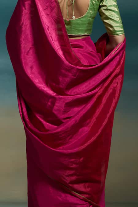 Shop Dressfolk Pink Tissue Tassels Preyasi Handloom Saree With Unstitched Blouse Piece Shop_Dressfolk_Pink Tissue Tassels Preyasi Handloom Saree With Unstitched Blouse Piece