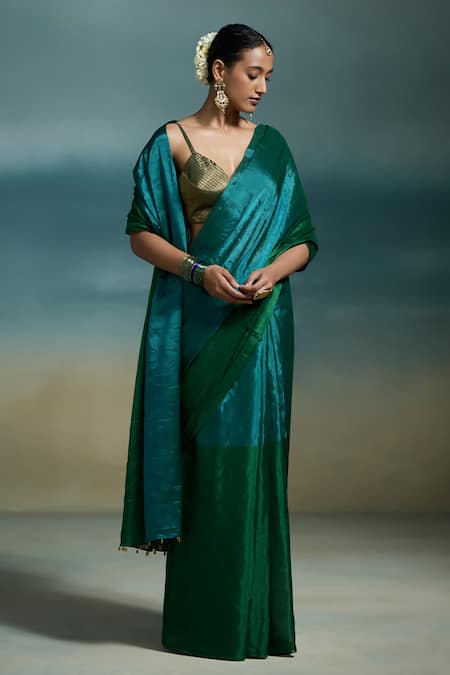 Shop_Dressfolk_Emerald Green Tissue Oorja Saree With Unstitched Blouse Piece _Online_at_Aza_Fashions