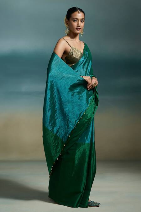Dressfolk_Emerald Green Tissue Oorja Saree With Unstitched Blouse Piece _at_Aza_Fashions