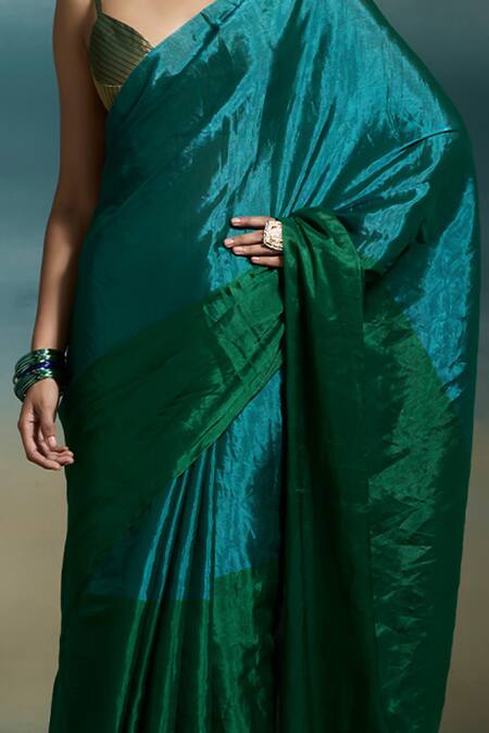Shop_Dressfolk_Emerald Green Tissue Oorja Saree With Unstitched Blouse Piece 