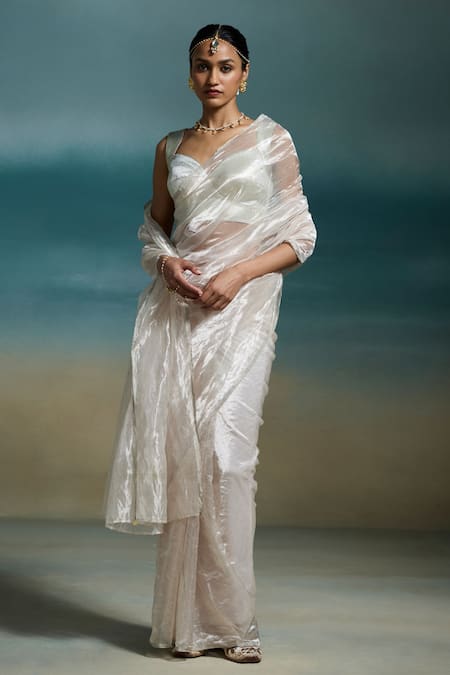 Dressfolk_Silver Tissue Chandni Saree With Unstitched Blouse Piece _Online_at_Aza_Fashions