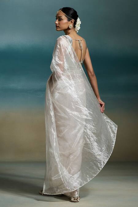 Buy_Dressfolk_Silver Tissue Chandni Saree With Unstitched Blouse Piece _Online_at_Aza_Fashions