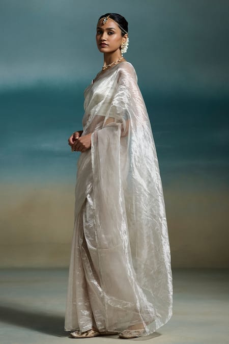 Shop_Dressfolk_Silver Tissue Chandni Saree With Unstitched Blouse Piece _Online_at_Aza_Fashions