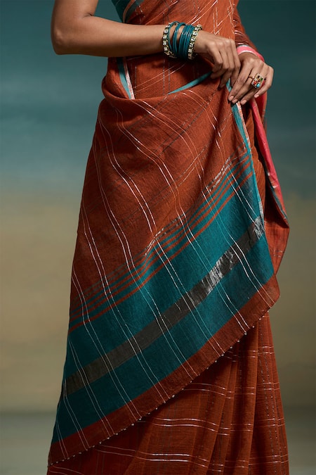 Dressfolk_Orange Handloom Cotton Zari Avni Saree With Unstitched Blouse Piece _Online_at_Aza_Fashions