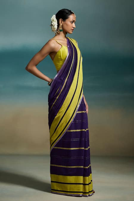 Dressfolk_Purple Handloom Cotton Zari Tiya Saree With Unstitched Blouse Piece _Online_at_Aza_Fashions