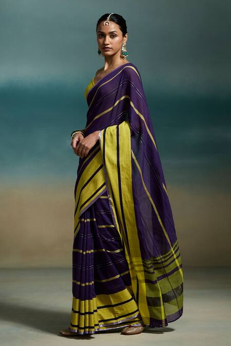 Buy_Dressfolk_Purple Handloom Cotton Zari Tiya Saree With Unstitched Blouse Piece _Online_at_Aza_Fashions
