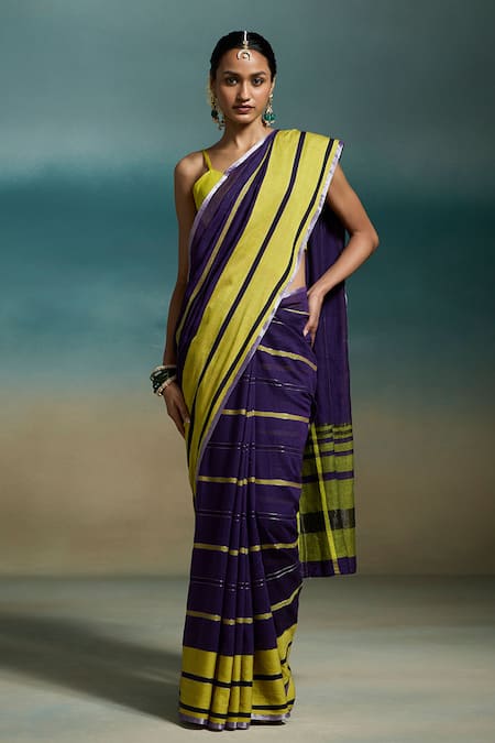 Shop_Dressfolk_Purple Handloom Cotton Zari Tiya Saree With Unstitched Blouse Piece _Online_at_Aza_Fashions