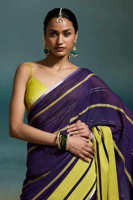 Buy_Dressfolk_Purple Handloom Cotton Zari Tiya Saree With Unstitched Blouse Piece 