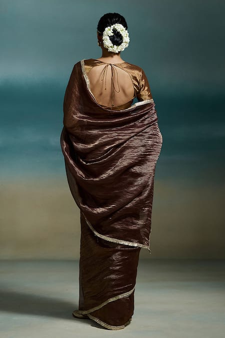 Shop Dressfolk Brown Chanderi Zari, Sequins Charita Saree With Unstitched Blouse Piece at Aza Fashions Shop_Dressfolk_Brown Chanderi Zari, Sequins Charita Saree With Unstitched Blouse Piece _at_Aza_Fashions