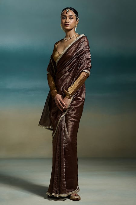 Dressfolk Brown Chanderi Zari, Sequins Charita Saree With Unstitched Blouse Piece Online at Aza Fashions Dressfolk_Brown Chanderi Zari, Sequins Charita Saree With Unstitched Blouse Piece _Online_at_Aza_Fashions