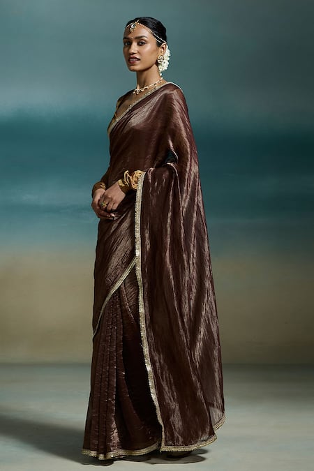 Buy Dressfolk Brown Chanderi Zari, Sequins Charita Saree With Unstitched Blouse Piece Online at Aza Fashions Buy_Dressfolk_Brown Chanderi Zari, Sequins Charita Saree With Unstitched Blouse Piece _Online_at_Aza_Fashions