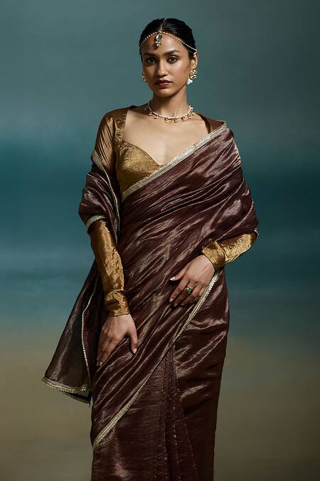 Shop Dressfolk Brown Chanderi Zari, Sequins Charita Saree With Unstitched Blouse Piece Online at Aza Fashions Shop_Dressfolk_Brown Chanderi Zari, Sequins Charita Saree With Unstitched Blouse Piece _Online_at_Aza_Fashions