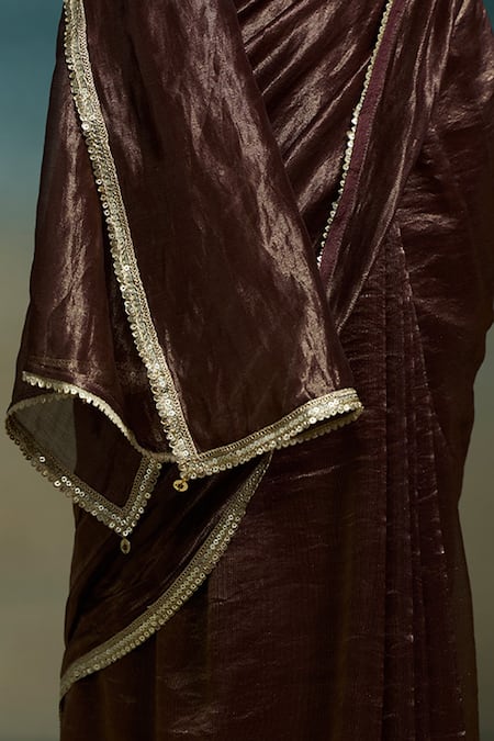 Dressfolk Brown Chanderi Zari, Sequins Charita Saree With Unstitched Blouse Piece at Aza Fashions Dressfolk_Brown Chanderi Zari, Sequins Charita Saree With Unstitched Blouse Piece _at_Aza_Fashions