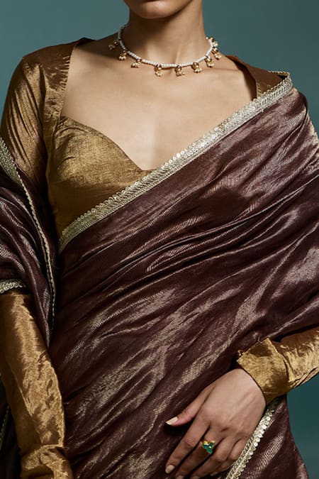 Buy Dressfolk Brown Chanderi Zari, Sequins Charita Saree With Unstitched Blouse Piece Buy_Dressfolk_Brown Chanderi Zari, Sequins Charita Saree With Unstitched Blouse Piece
