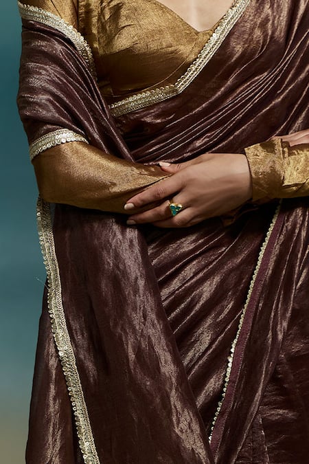 Shop Dressfolk Brown Chanderi Zari, Sequins Charita Saree With Unstitched Blouse Piece Shop_Dressfolk_Brown Chanderi Zari, Sequins Charita Saree With Unstitched Blouse Piece