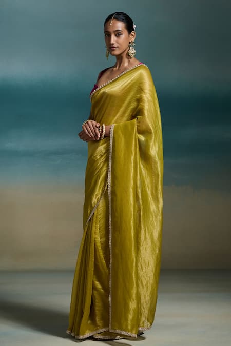 Dressfolk_Olive Green Chanderi Zari, Harshini Saree With Unstitched Blouse Piece _Online_at_Aza_Fashions