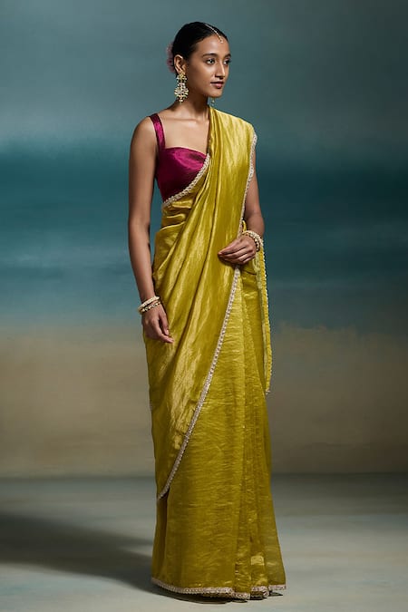Shop_Dressfolk_Olive Green Chanderi Zari, Harshini Saree With Unstitched Blouse Piece _Online_at_Aza_Fashions
