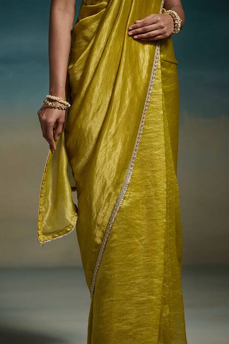 Dressfolk_Olive Green Chanderi Zari, Harshini Saree With Unstitched Blouse Piece _at_Aza_Fashions