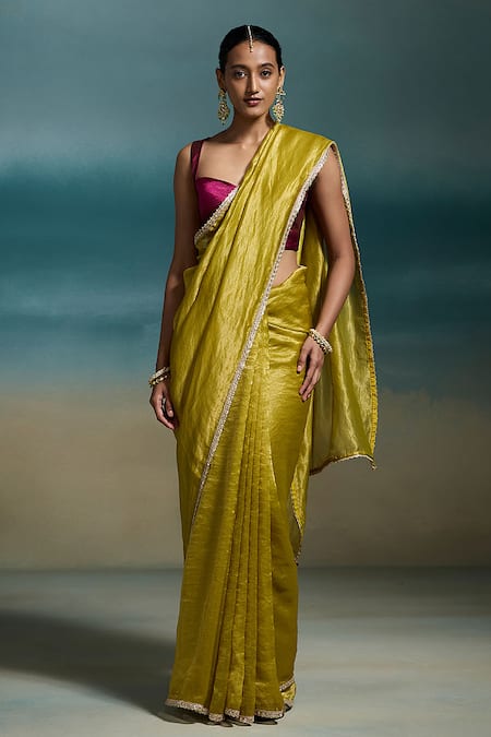 Buy_Dressfolk_Olive Green Chanderi Zari, Harshini Saree With Unstitched Blouse Piece 