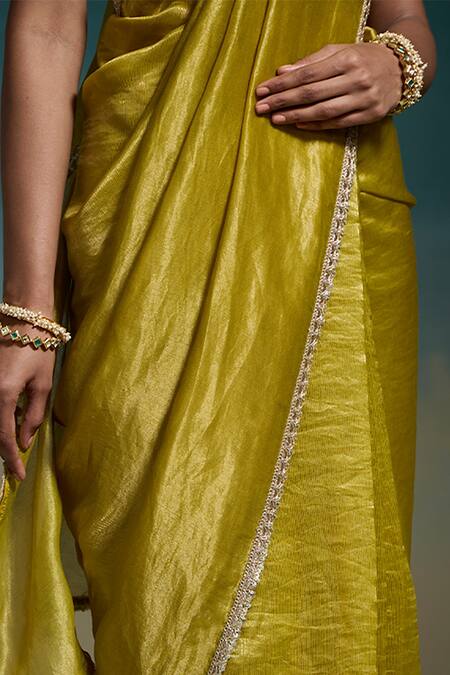Shop_Dressfolk_Olive Green Chanderi Zari, Harshini Saree With Unstitched Blouse Piece 