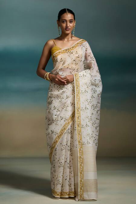 Dressfolk_Off White Organza Lavya Printed Saree With Unstitched Blouse Piece _Online_at_Aza_Fashions