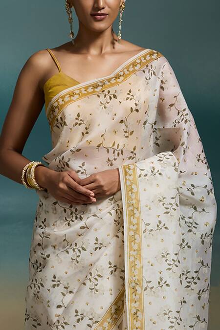 Dressfolk_Off White Organza Lavya Printed Saree With Unstitched Blouse Piece _at_Aza_Fashions
