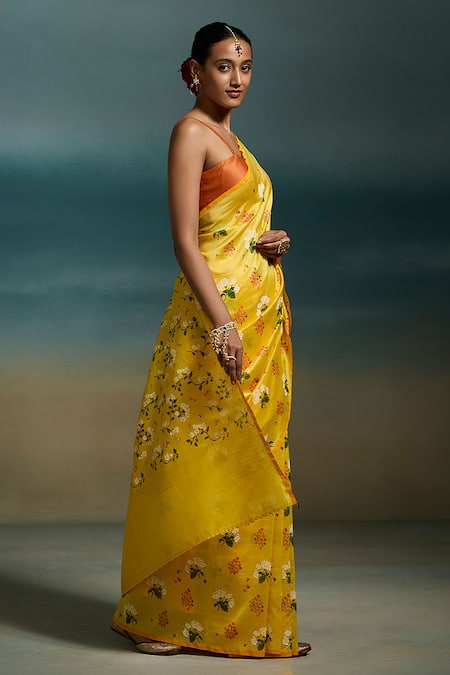 Dressfolk Yellow Chanderi Harsya Printed Saree With Unstitched Blouse Piece Online at Aza Fashions Dressfolk_Yellow Chanderi Harsya Printed Saree With Unstitched Blouse Piece _Online_at_Aza_Fashions