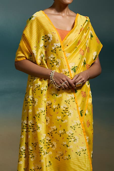 Shop Dressfolk Yellow Chanderi Harsya Printed Saree With Unstitched Blouse Piece Online at Aza Fashions Shop_Dressfolk_Yellow Chanderi Harsya Printed Saree With Unstitched Blouse Piece _Online_at_Aza_Fashions