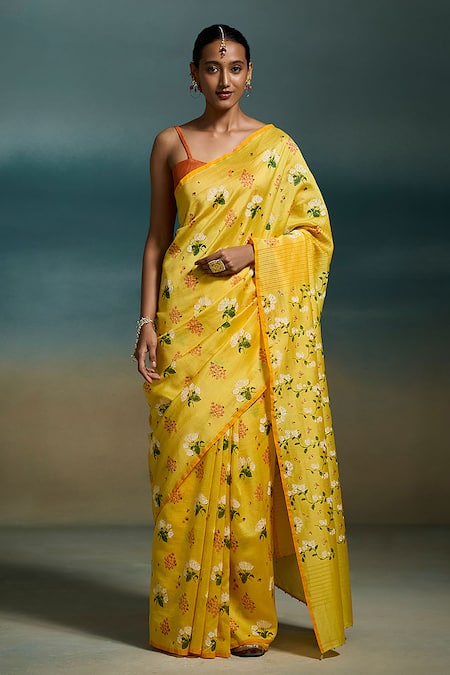 Dressfolk Yellow Chanderi Harsya Printed Saree With Unstitched Blouse Piece 
