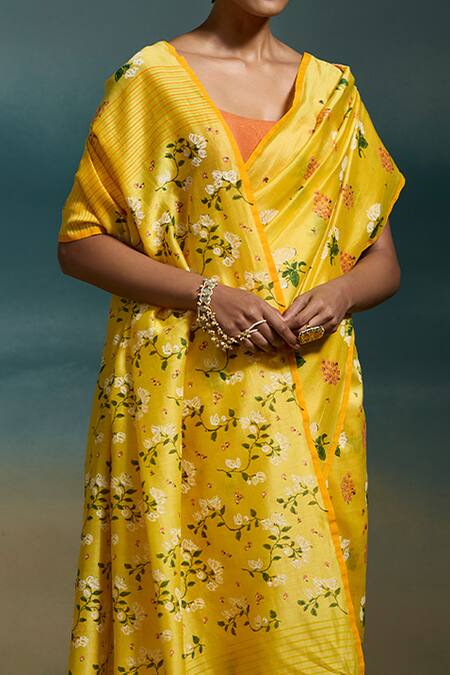 Buy Dressfolk Yellow Chanderi Harsya Printed Saree With Unstitched Blouse Piece Buy_Dressfolk_Yellow Chanderi Harsya Printed Saree With Unstitched Blouse Piece