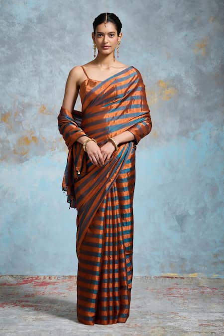 Dressfolk Pratibha Stripe Pattern Saree With Unstitched Blouse Piece 