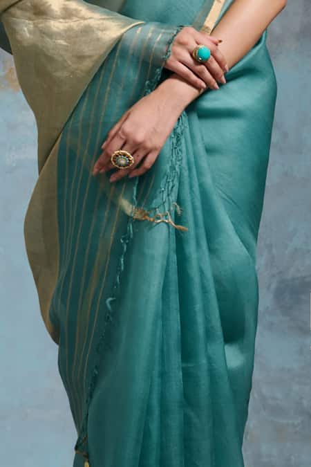 Dressfolk_Teal Organza Zari, Beads Sukanya Handwoven Saree With Unstitched Blouse Piece _Online_at_Aza_Fashions