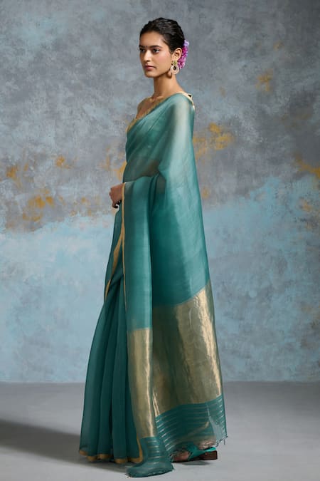 Dressfolk_Teal Organza Zari, Beads Sukanya Handwoven Saree With Unstitched Blouse Piece _at_Aza_Fashions