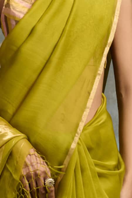 Dressfolk_Lime Organza Beads Ujjwala Saree With Unstitched Blouse Piece _Online_at_Aza_Fashions